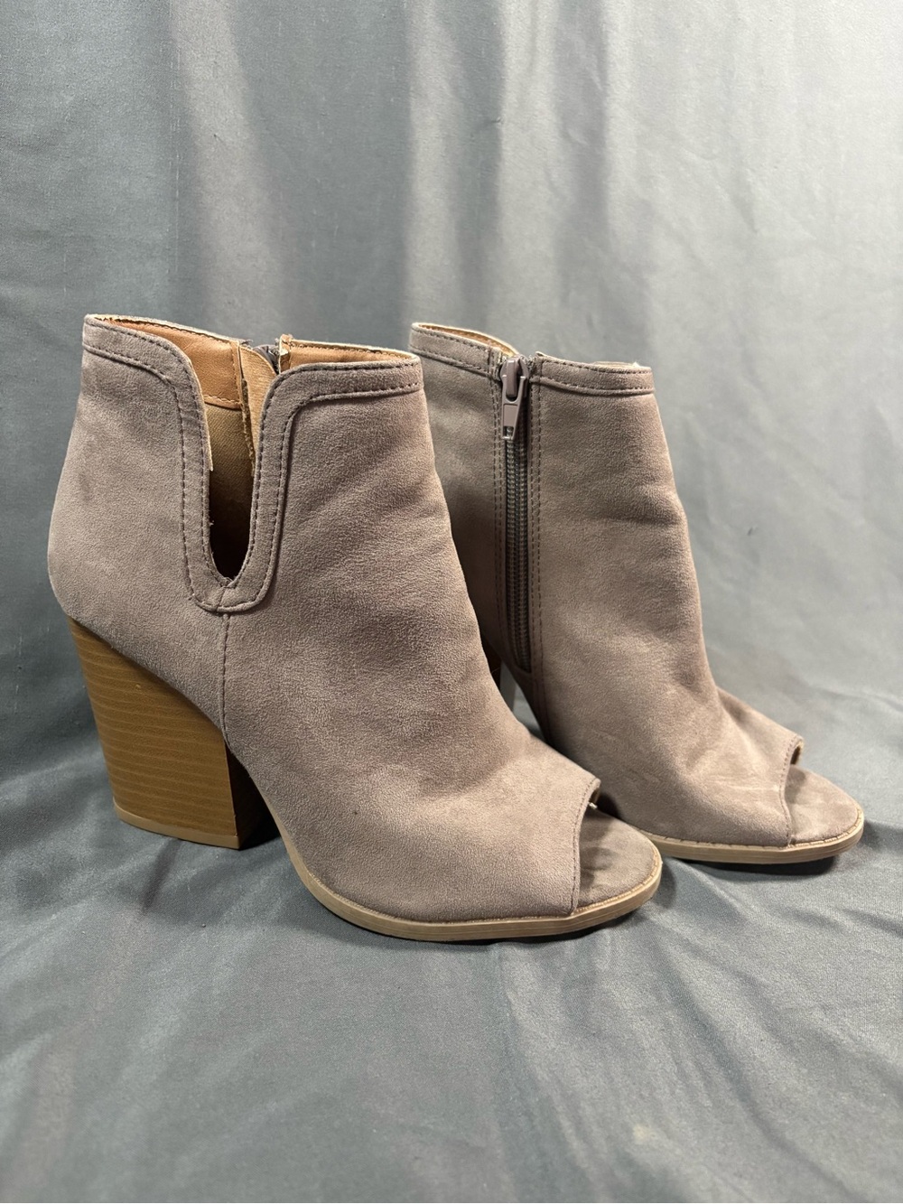 Qupid Taupe Suede Peep-Toe Block Heel Ankle Booties